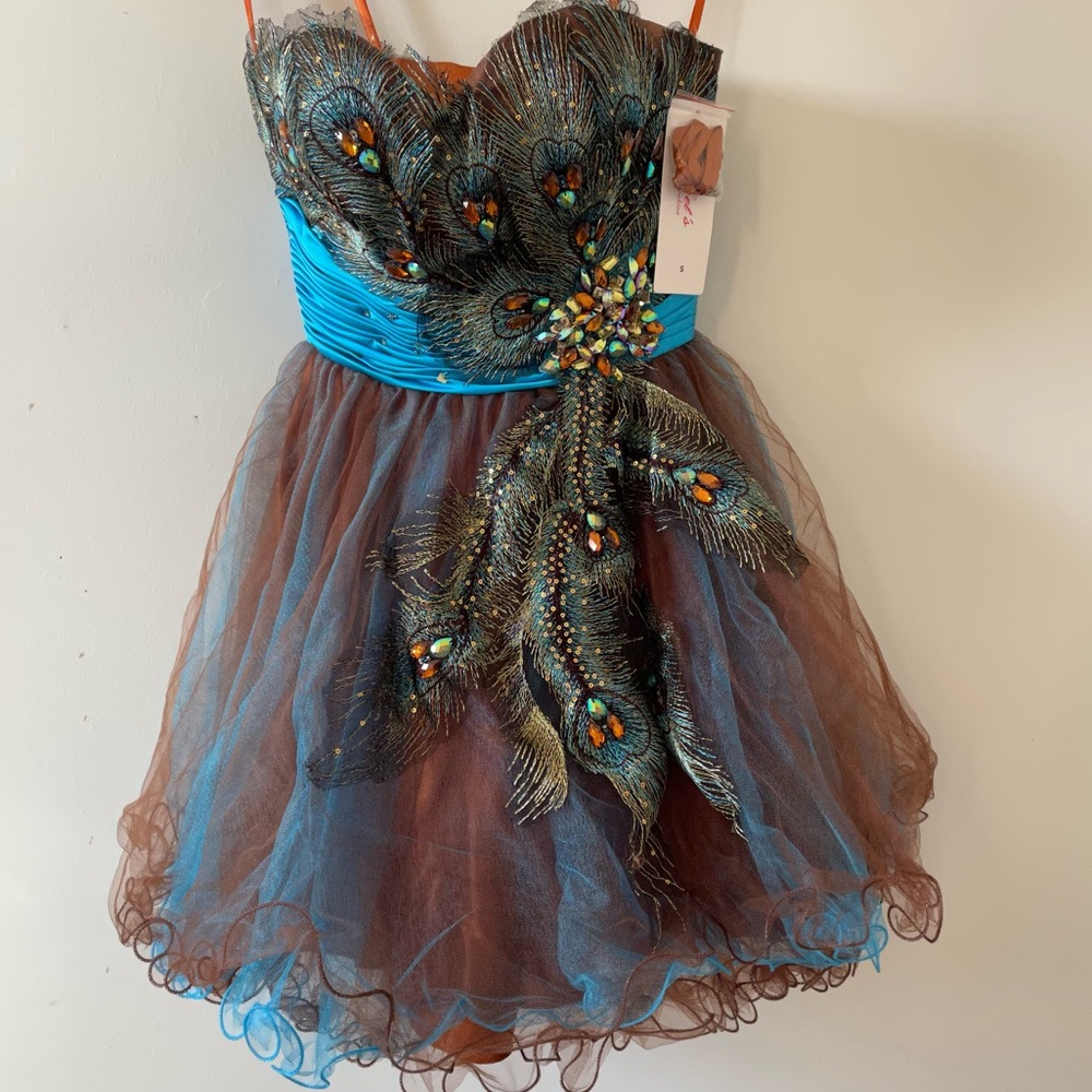 Vintage STRAPLESS Short Ball gown Faux Peacock Lace Embroidery Prom Dress Size S